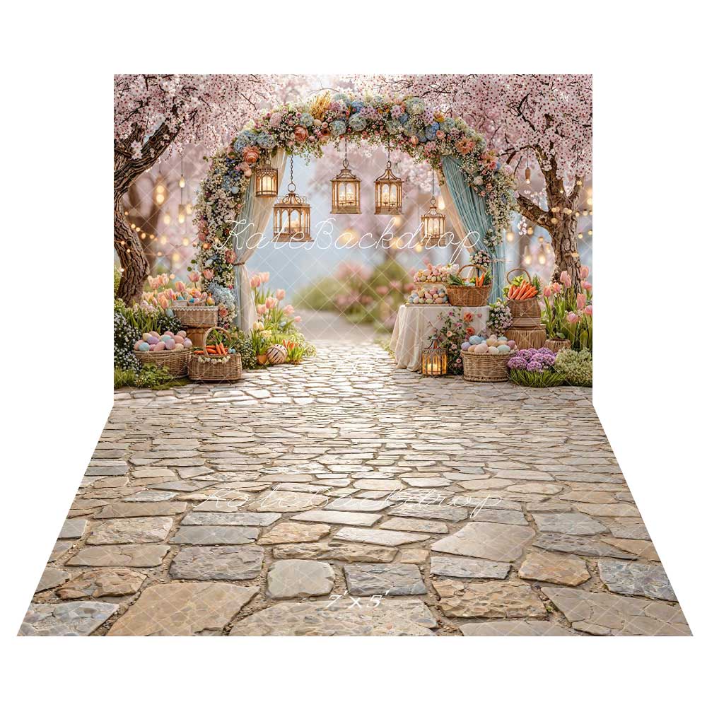 Kate Easter Egg Flower Arch Lanterns Backdrop+Cobblestone Floor Texture Backdrop