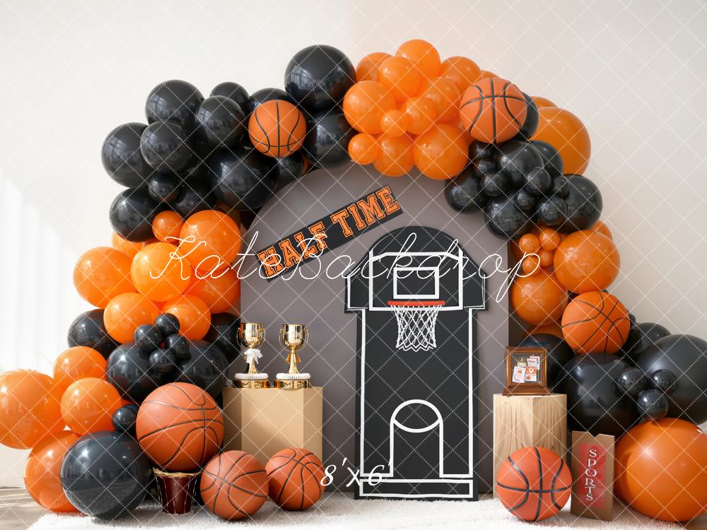 Kate Basketball Hoop Trophy Orange Black Balloons Backdrop Designed by Emetselch
