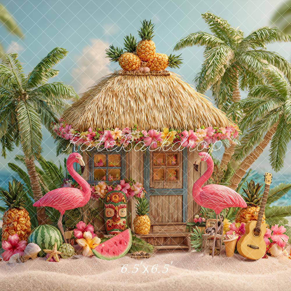 Kate Summer Tropical Hut Flamingos Fruit Backdrop Designed by Ashley Paul