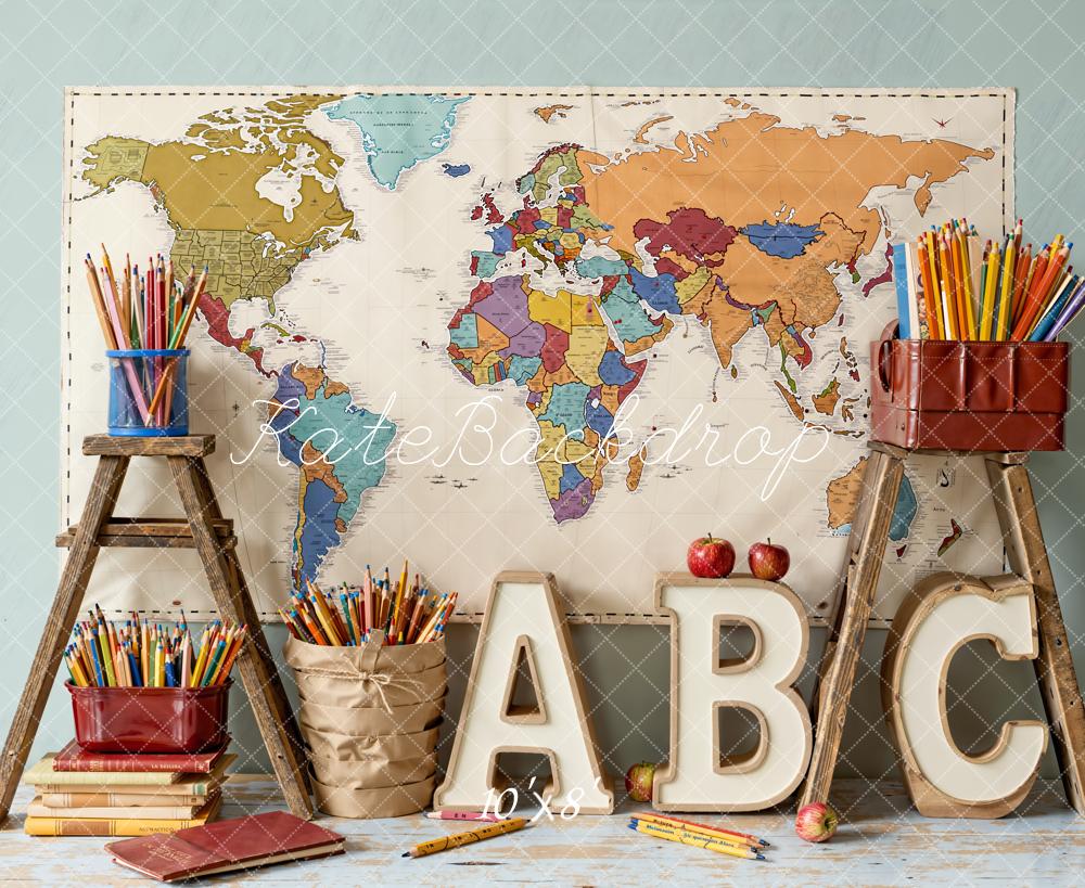 Kate Back To School Map Pencils Fleece Backdrop Designed by Emetselch - Kate Backdrop AU
