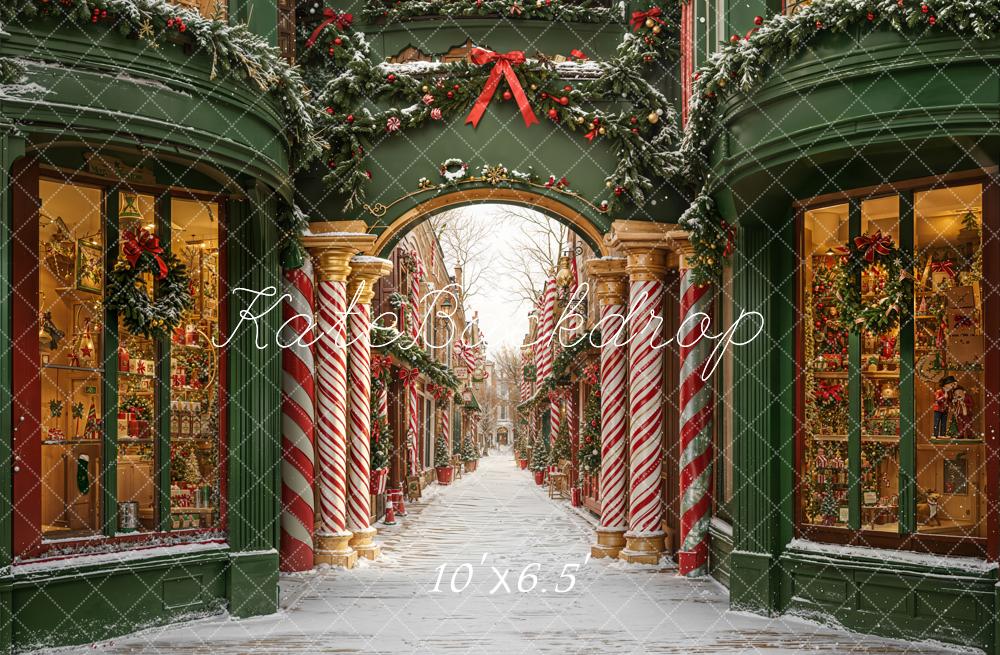 Kate Christmas Candy Cane Archway Snowy Street Fleece Backdrop Designed by Emetselch - Kate Backdrop AU