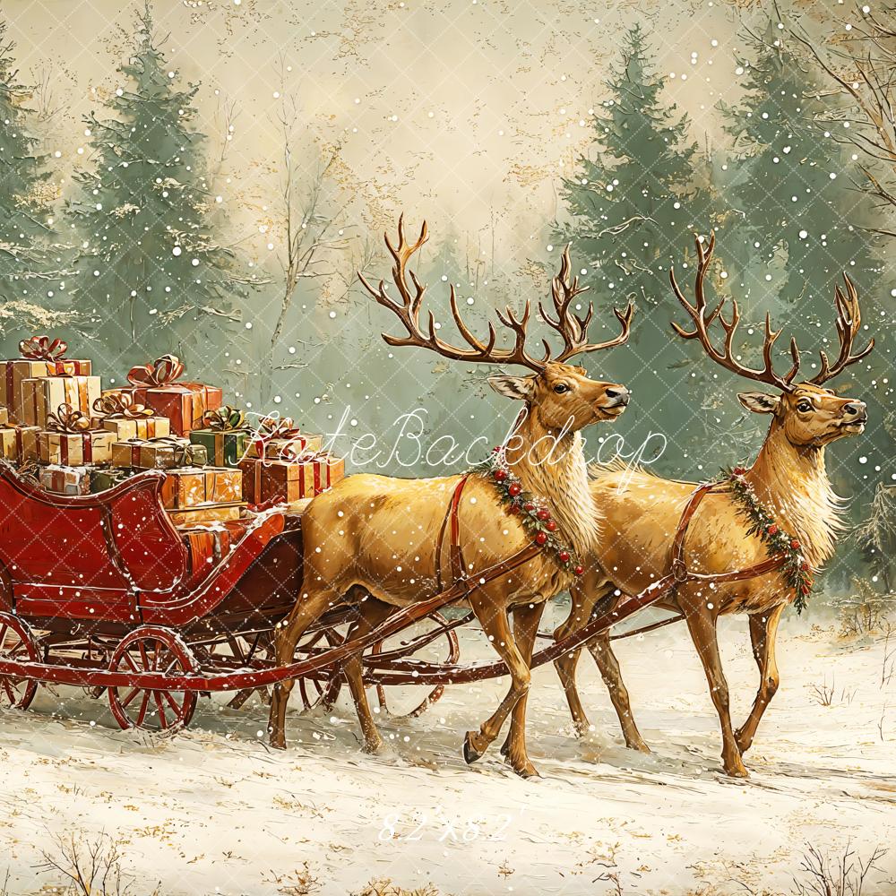 Kate Christmas Backdrop Reindeer Sled Presents Snow Designed by GQ - Kate Backdrop AU
