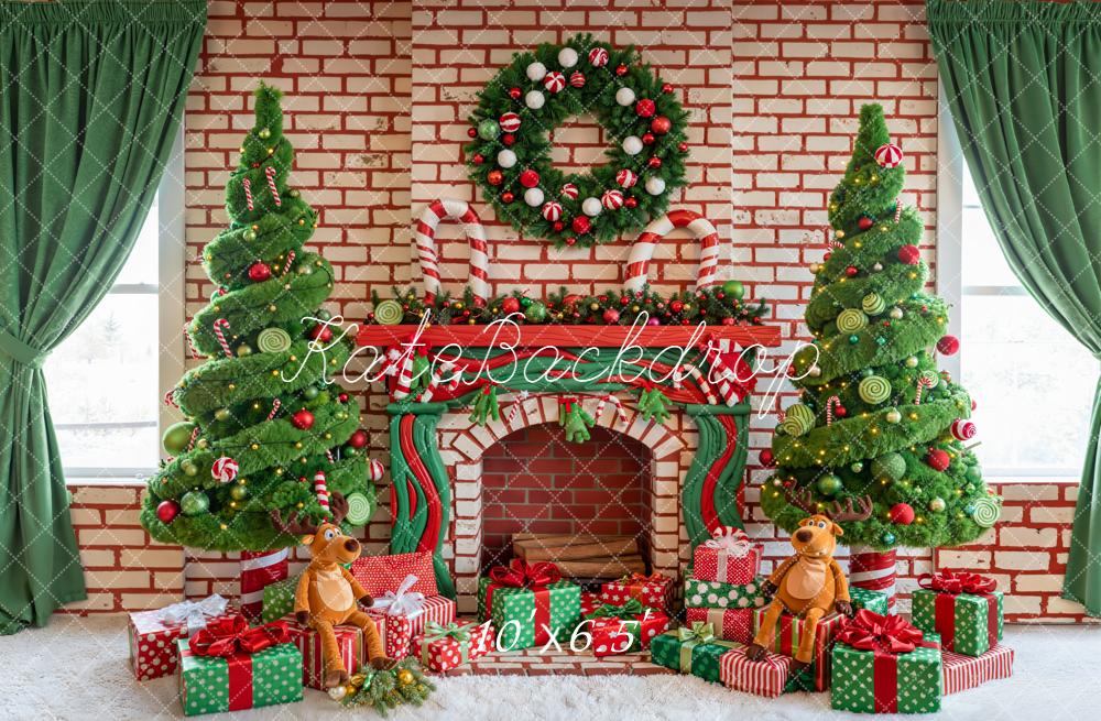Kate Christmas Fireplace Candy Trees Fleece Backdrop Designed by Emetselch