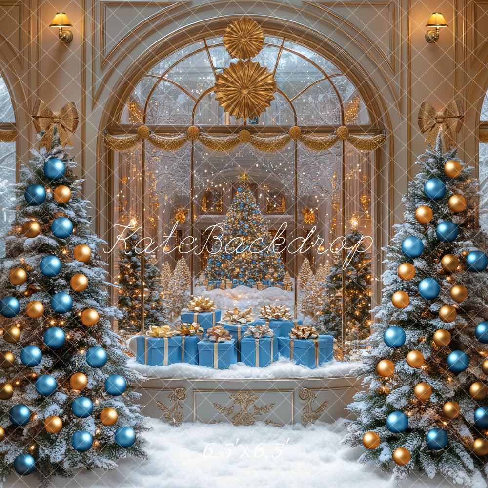 Kate Christmas Blue Gold Ornaments Snowy Trees Backdrop Designed by Mini MakeBelieve - Kate Backdrop AU
