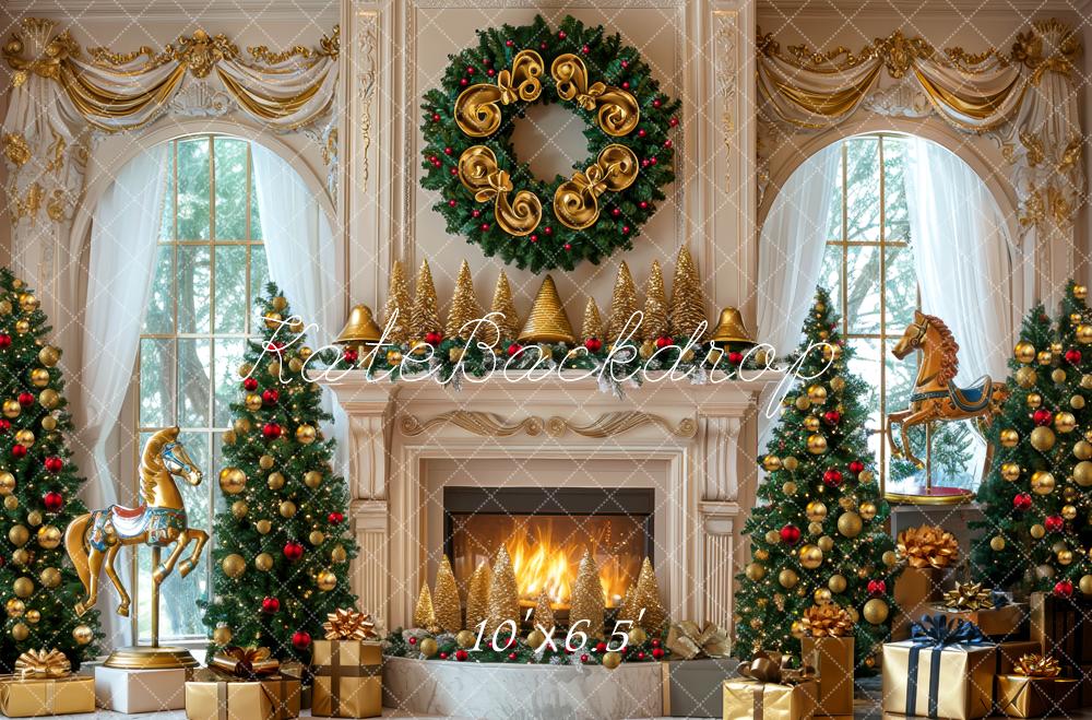 Kate Christmas Fireplace Wreath Carousel Trees Backdrop Designed by Mini MakeBelieve