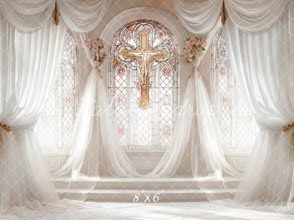 Kate Wedding Stained Glass Cross Drapes Fleece Backdrop Designed by Emetselch
