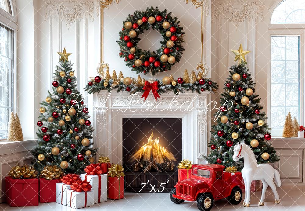 Kate Christmas Fireplace Trees Wreath Presents Backdrop Designed by Mini MakeBelieve - Kate Backdrop AU