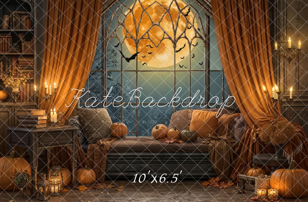 Kate Halloween Moon Pumpkins Window Fleece Backdrop Designed by Emetselch