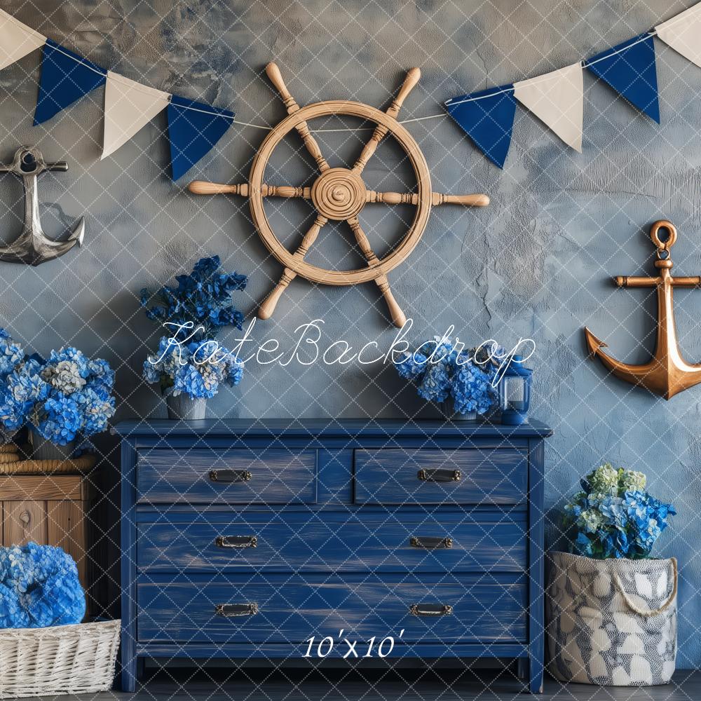 Kate Nautical Ship Wheel Anchors Blue Decor Backdrop Designed by Patty Roberts