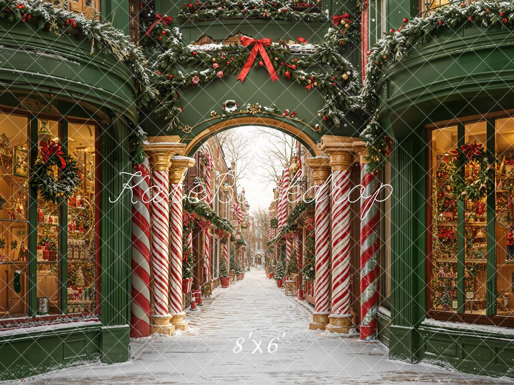 Kate Christmas Candy Cane Archway Snowy Street Fleece Backdrop Designed by Emetselch - Kate Backdrop AU