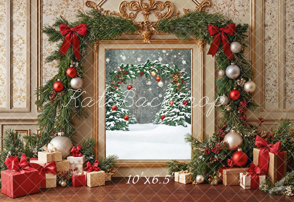 Kate Christmas Garland Presents Snowy Trees Fleece Backdrop Designed by Emetselch - Kate Backdrop AU