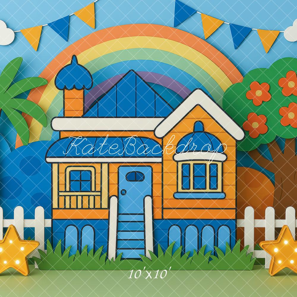 Kate Cartoon House Rainbow Garden Backdrop Designed by Mini MakeBelieve