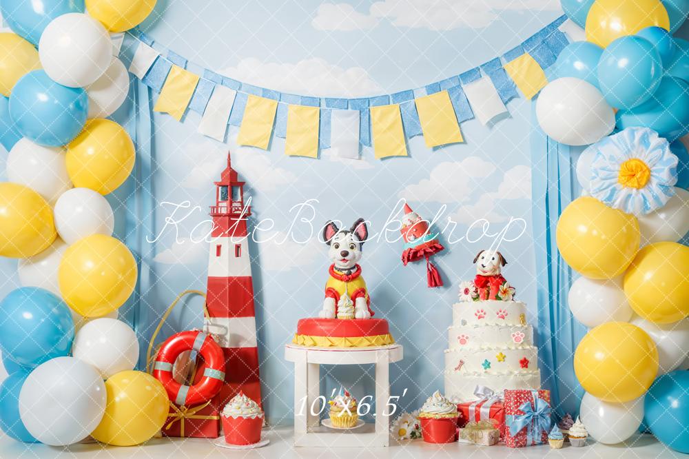 Kate Cake Smash Lighthouse Puppy Balloons Backdrop Designed by Emetselch