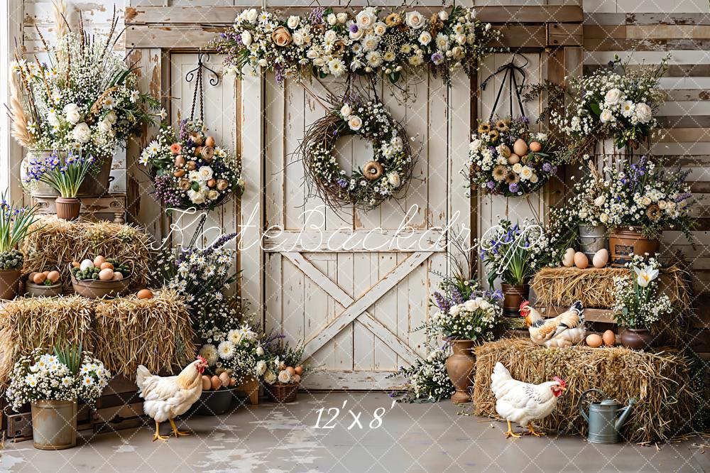 Kate Farmhouse Easter Eggs Chickens Hay Backdrop Designed by Emetselch