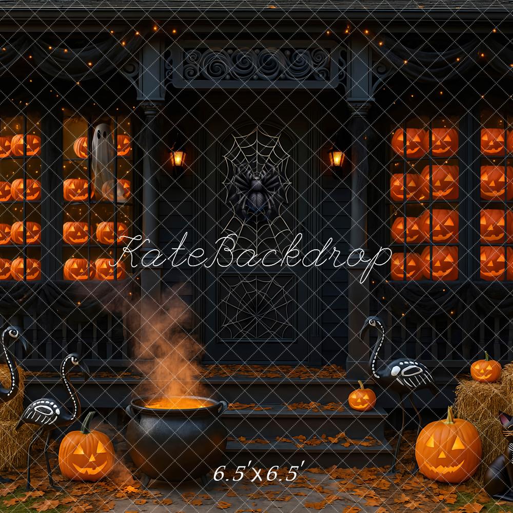 Kate Halloween Pumpkins Cauldron Porch Backdrop Designed by Mini MakeBelieve