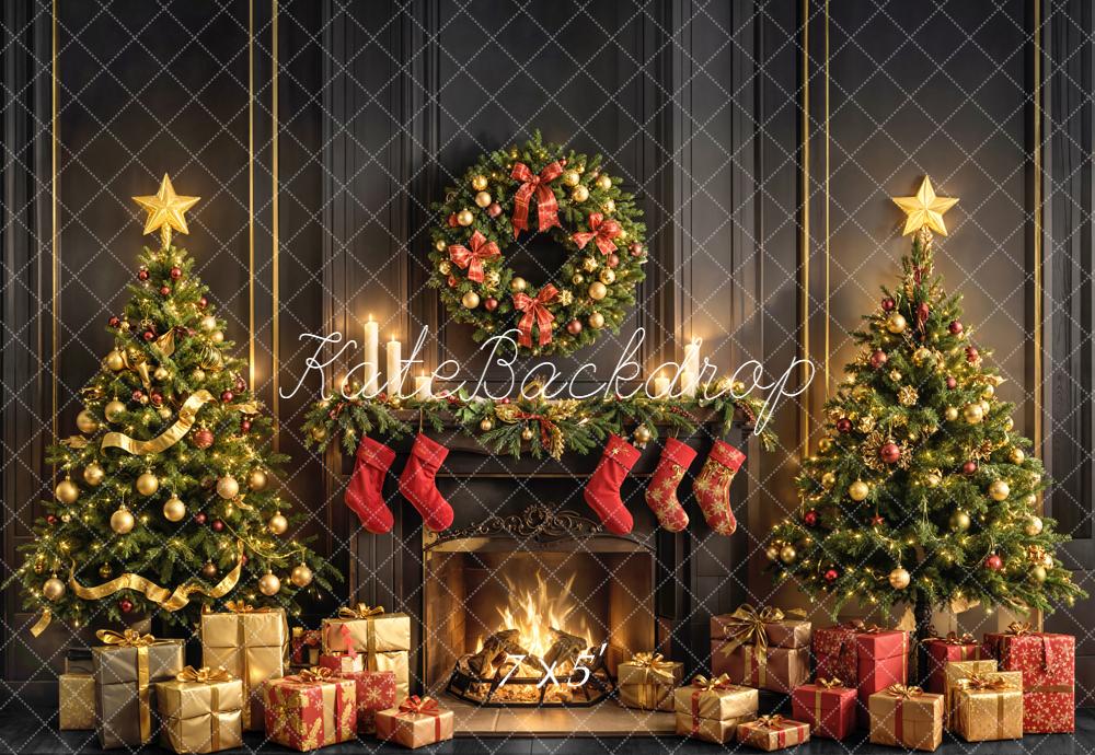 Kate Christmas Fireplace Wreath Trees Backdrop Designed by Emetselch - Kate Backdrop AU