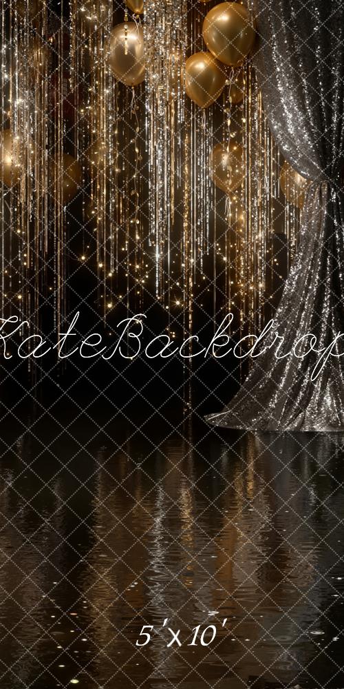 Kate Gold Balloons Glitter Streamers Silver Curtains Backdrop Designed by Emetselch