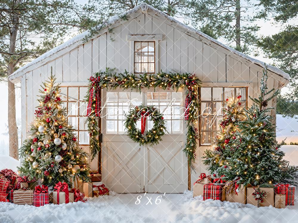 Kate Christmas Cabin Wreath Trees Fleece Backdrop Designed by Emetselch - Kate Backdrop AU