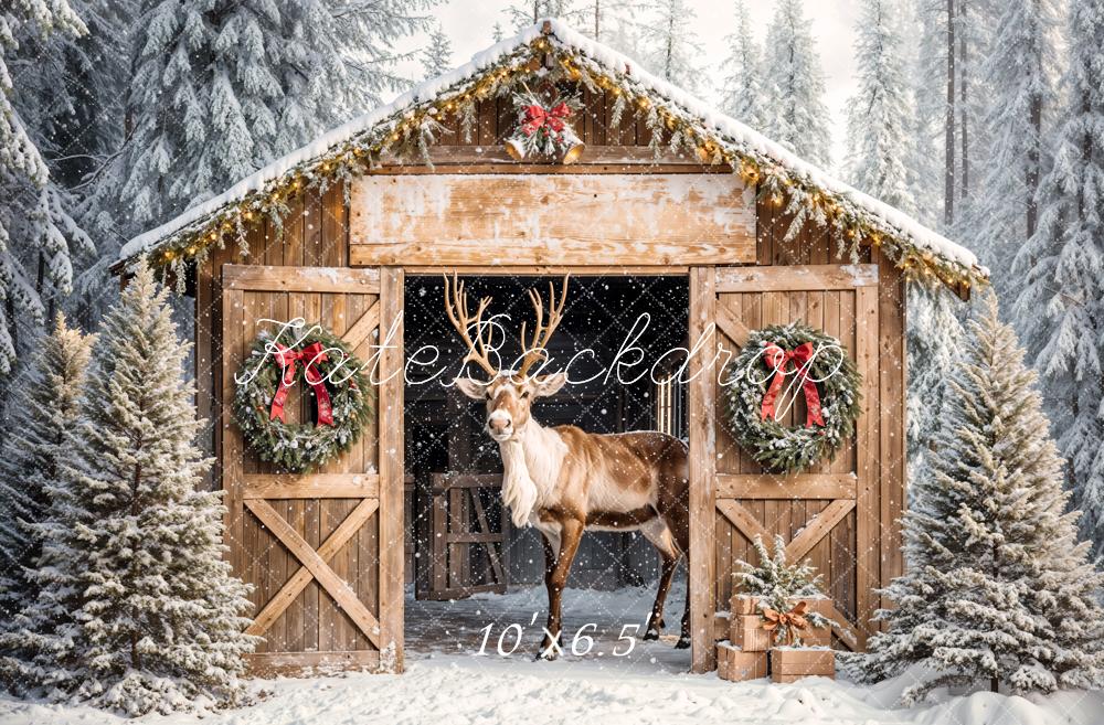 Kate Christmas Reindeer Wooden Barn Snow Trees Backdrop Designed by Emetselch
