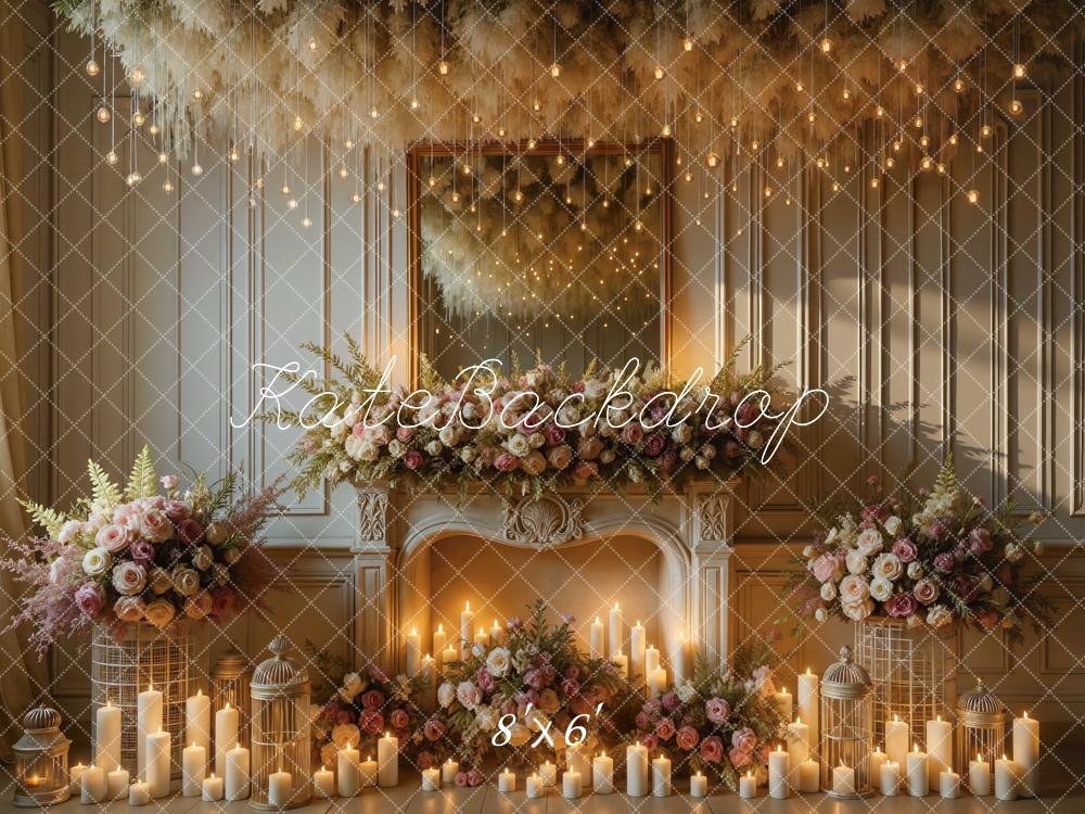 Kate Wedding Fireplace Floral Candles Backdrop Designed by Mini MakeBelieve