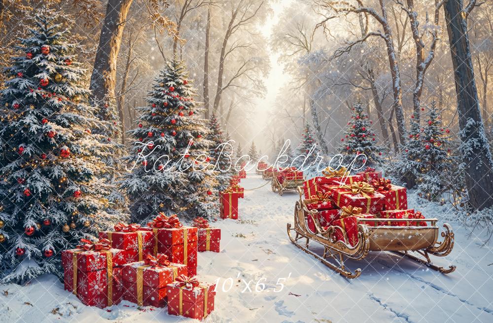 Kate Christmas Snowy Forest Gift Sleighs Fleece Backdrop Designed by Emetselch