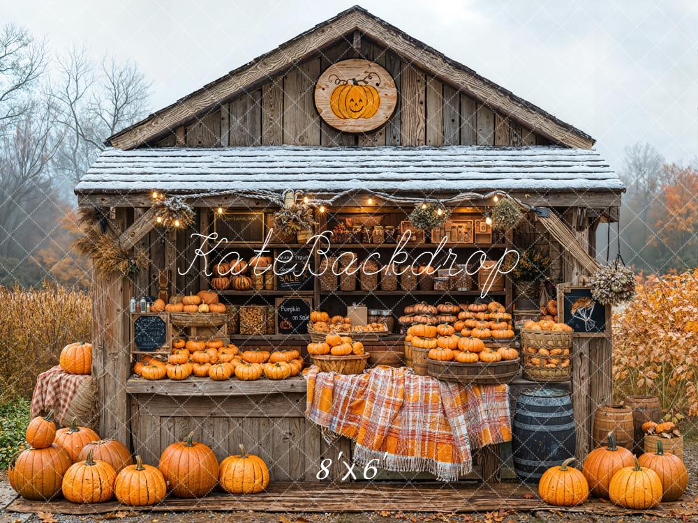 Kate Autumn Pumpkin Wooden Cabin Fleece Backdrop Designed by Emetselch