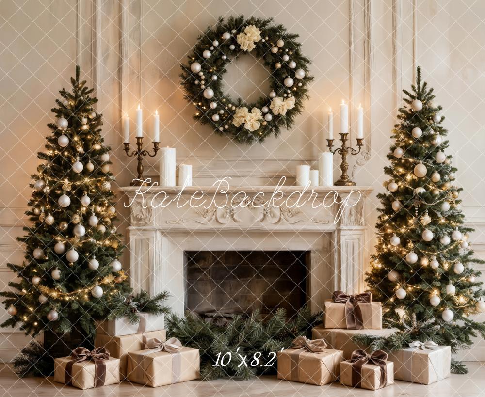 Kate Christmas Fireplace Trees Wreath Presents Backdrop Designed by Emetselch