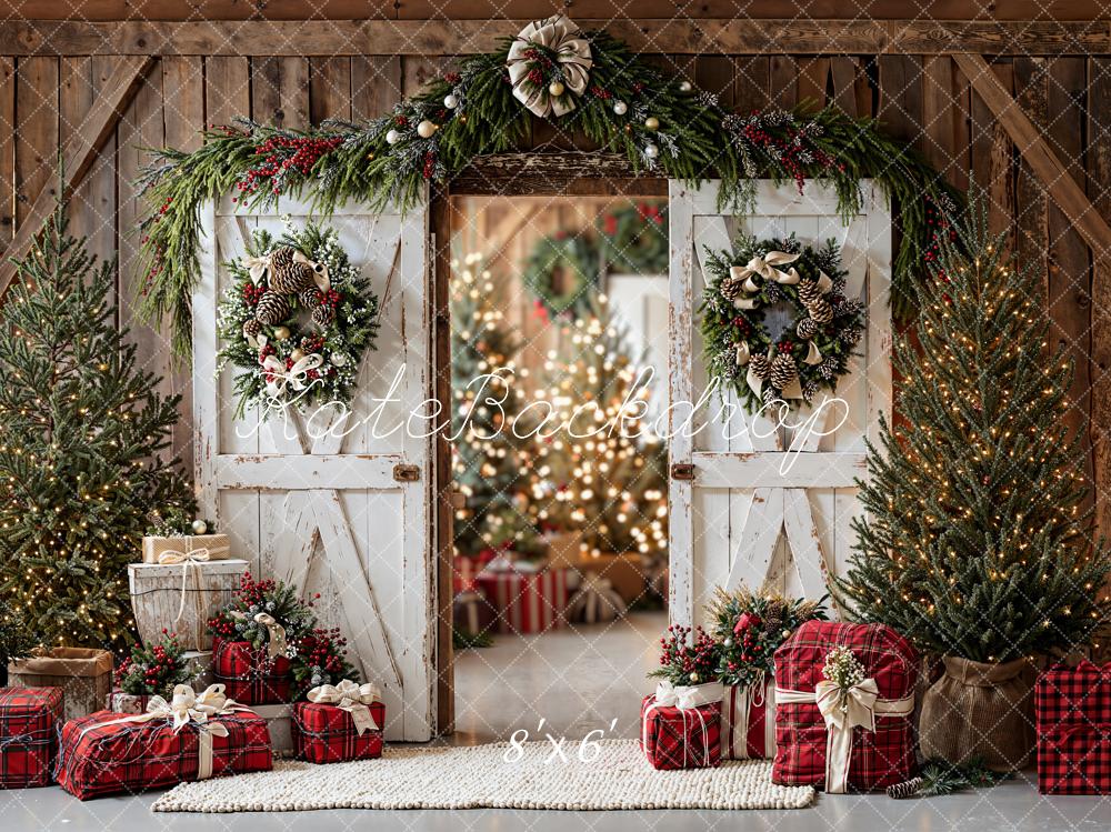 Kate Christmas Barn Door Wreaths Presents Fleece Backdrop Designed by Emetselch - Kate Backdrop AU