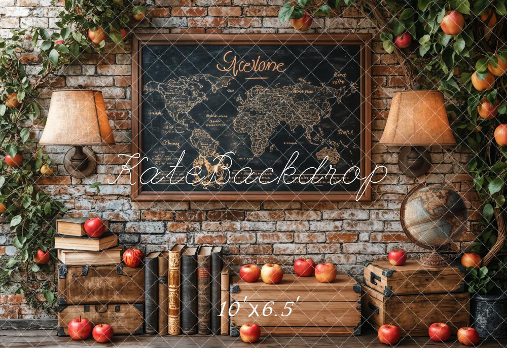 Kate Vintage Brick Wall Map Globe Apples Fleece Backdrop Designed by Emetselch - Kate Backdrop AU