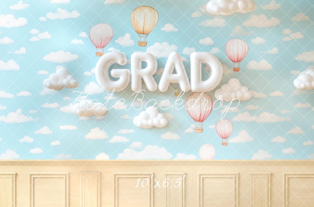Kate Grad Hot Air Balloons Clouds Blue Backdrop Designed by Mini MakeBelieve