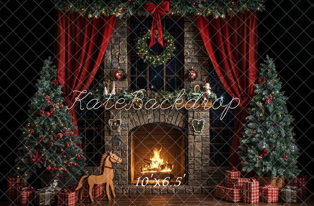 Kate Christmas Fireplace Red Curtains Fleece Backdrop Designed by Emetselch - Kate Backdrop AU