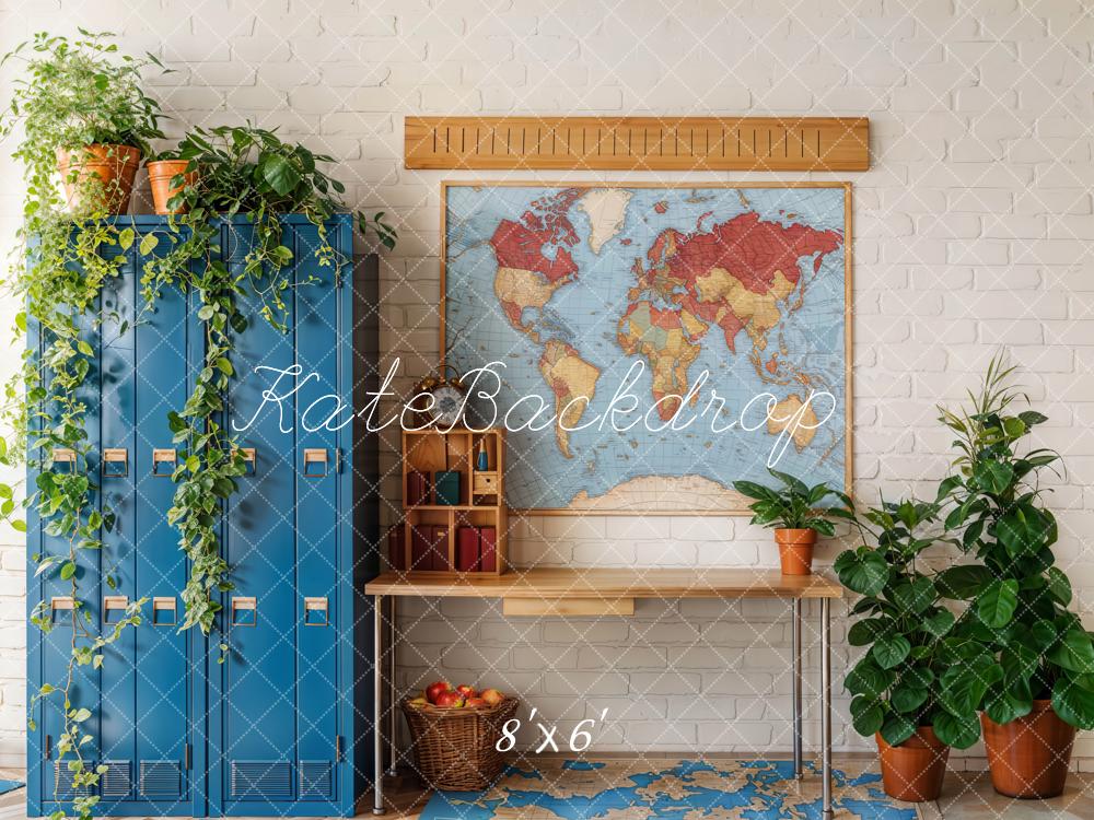 Kate School Map Blue Lockers Plants Backdrop Designed by Emetselch - Kate Backdrop AU
