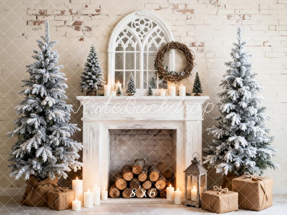 Kate Christmas Fireplace Snowy Trees Candles Fleece Backdrop Designed by Emetselch