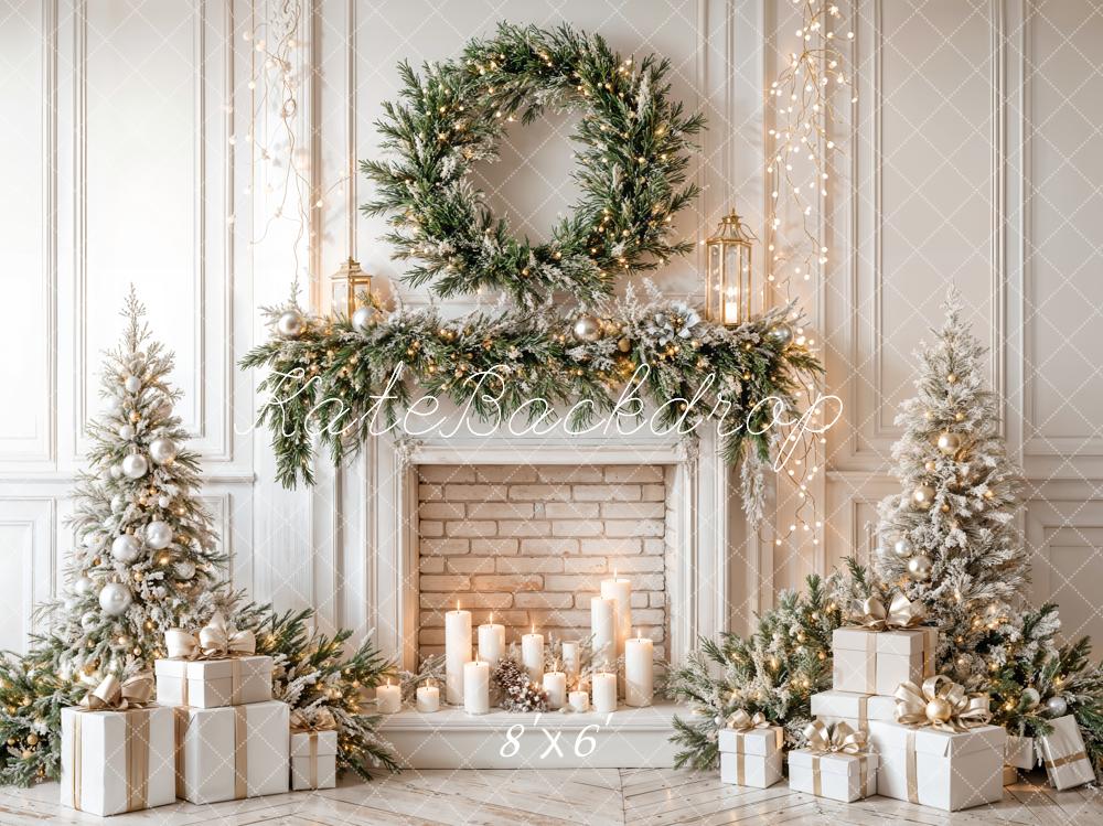 Kate Christmas Fireplace Wreath Trees Backdrop Designed by Emetselch