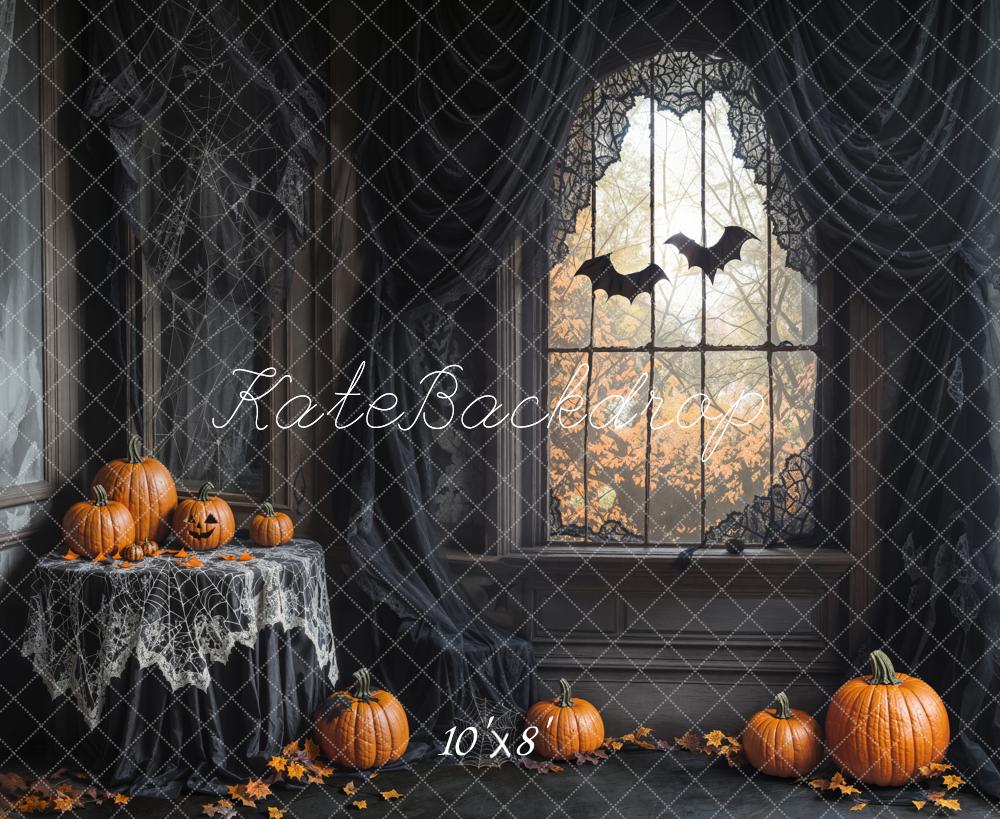 Kate Halloween Pumpkins Bats Spiderweb Fleece Backdrop Designed by Emetselch