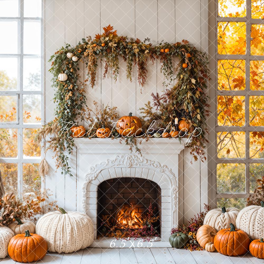 Kate Autumn Fireplace Pumpkins Window Backdrop Designed by Emetselch - Kate Backdrop AU