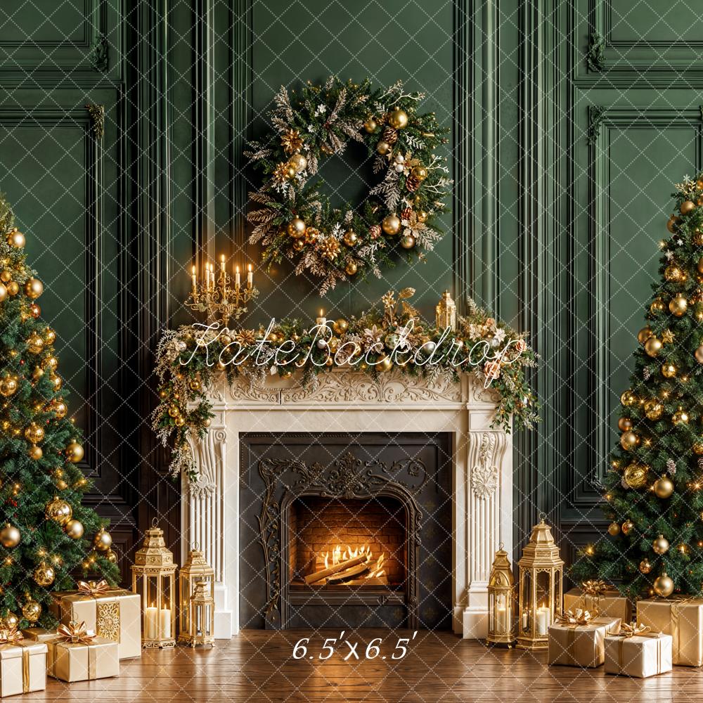 Kate Christmas Trees Fireplace Green Wall Backdrop Designed by Emetselch - Kate Backdrop AU