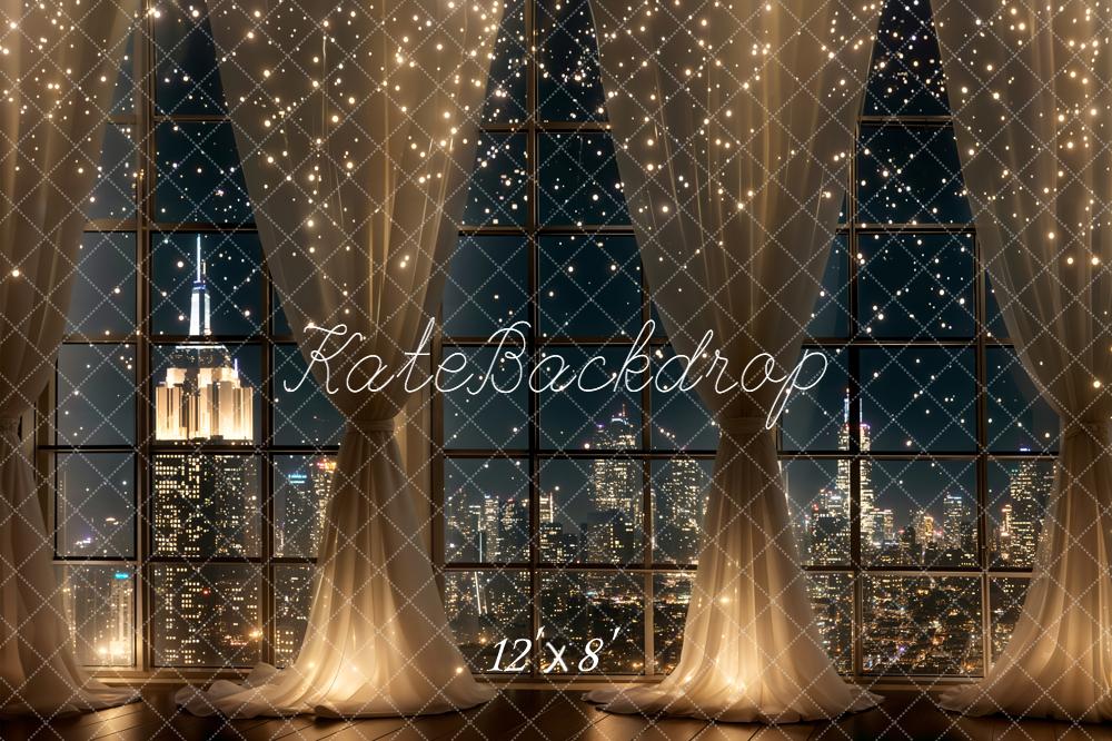 Kate City Night Window Curtains Lights Fleece Backdrop Designed by Chain