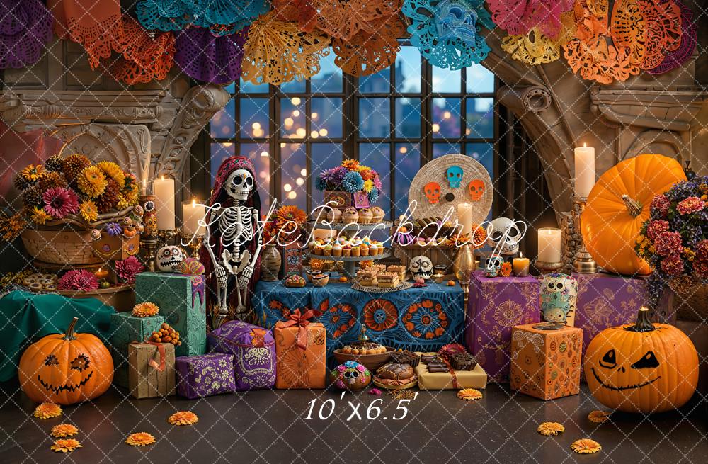 Kate Halloween Skeleton Pumpkins Fleece Backdrop Designed by Emetselch