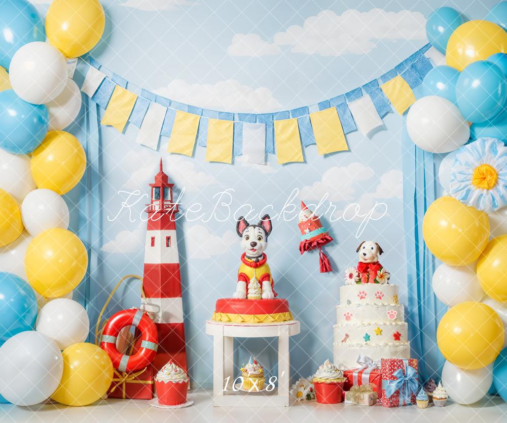 Kate Cake Smash Lighthouse Puppy Balloons Backdrop Designed by Emetselch