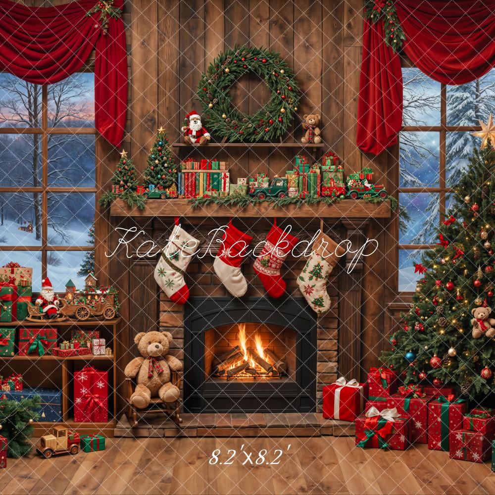 Kate Christmas Fireplace Tree Stockings Presents Backdrop Designed by Emetselch
