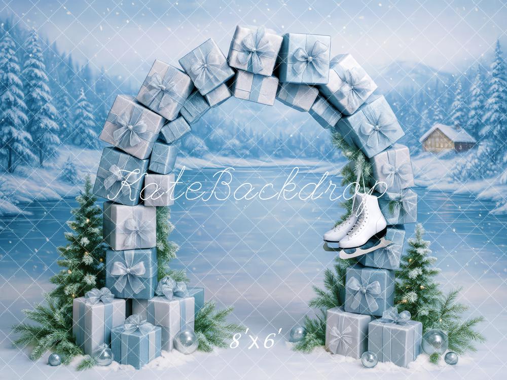 Kate Christmas Gift Arch Ice Skates Snowy Backdrop Designed by Patty Roberts - Kate Backdrop AU