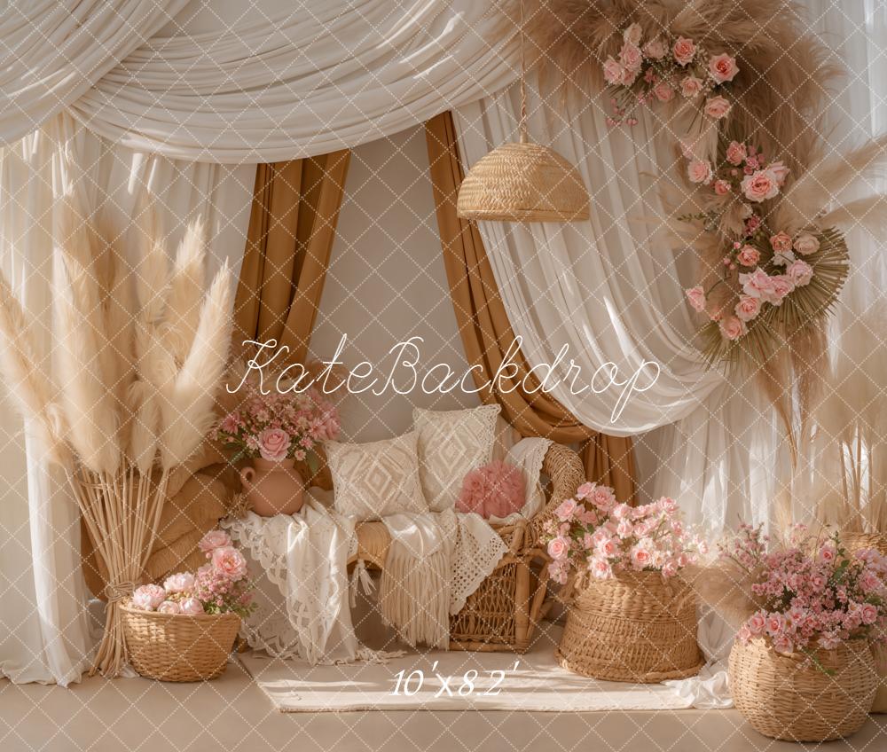 Kate Boho Pampas Grass Pink Flowers Fleece Backdrop Designed by Emetselch
