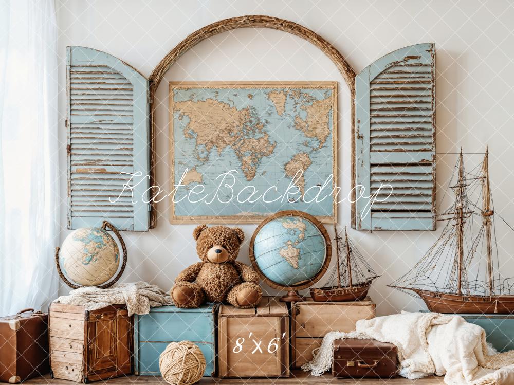 Kate Vintage Map Globe Teddy Bear Nautical Backdrop Designed by Emetselch - Kate Backdrop AU