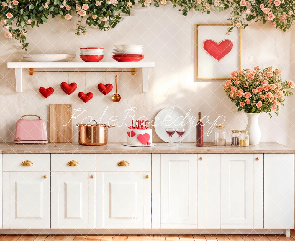 Kate Valentine Kitchen Red Hearts Backdrop Designed by Emetselch