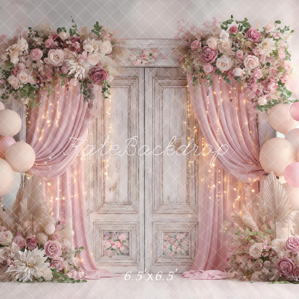 Lightning Deals-C1 Kate Wedding Pink Flower Balloons Retro Door Backdrop Designed by Ashley Paul