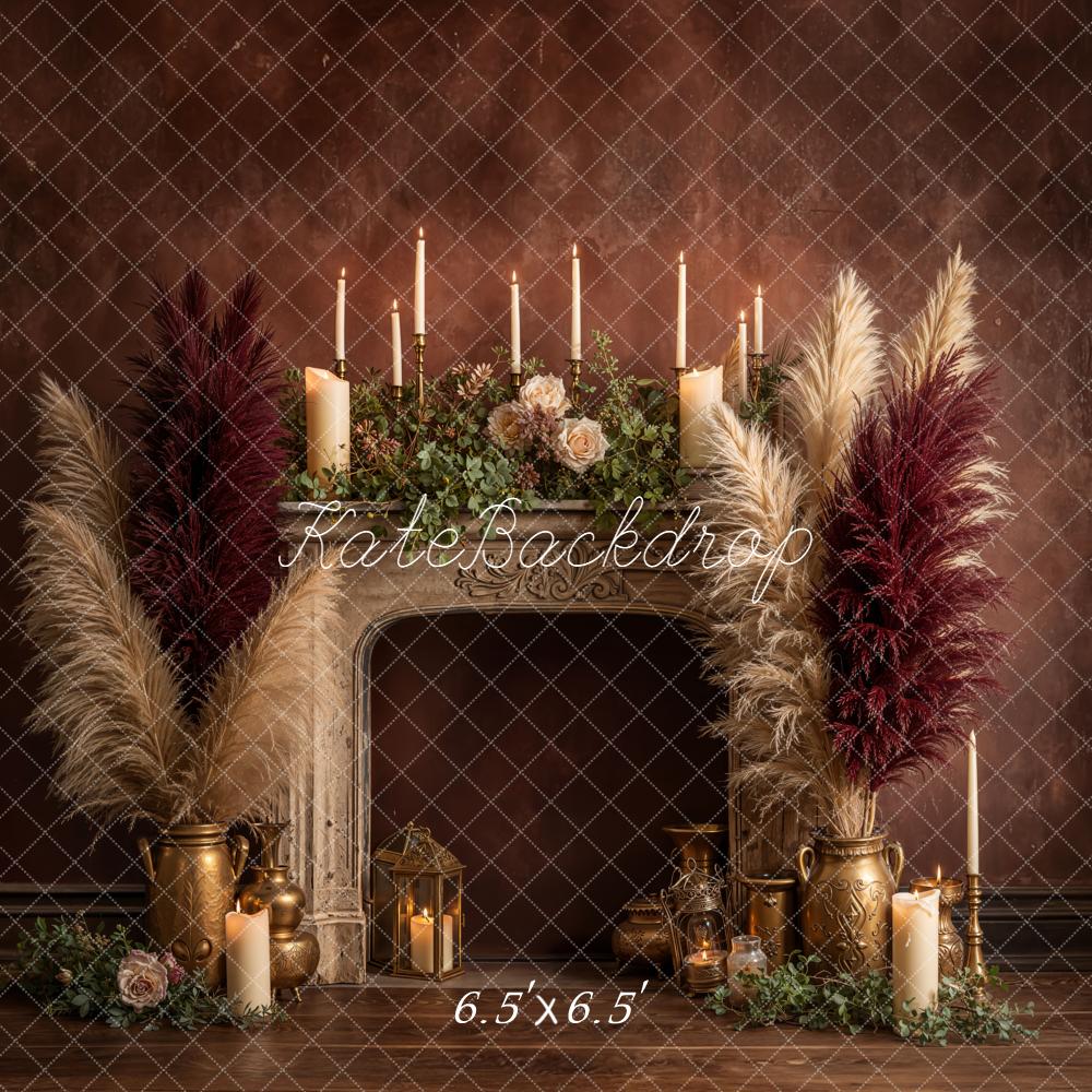 Kate Vintage Fireplace Pampas Grass Candles Backdrop Designed by Emetselch