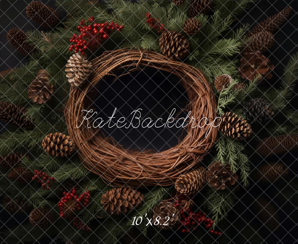 Kate Christmas Pine Wreath Pinecones Fleece Backdrop Designed by Chain