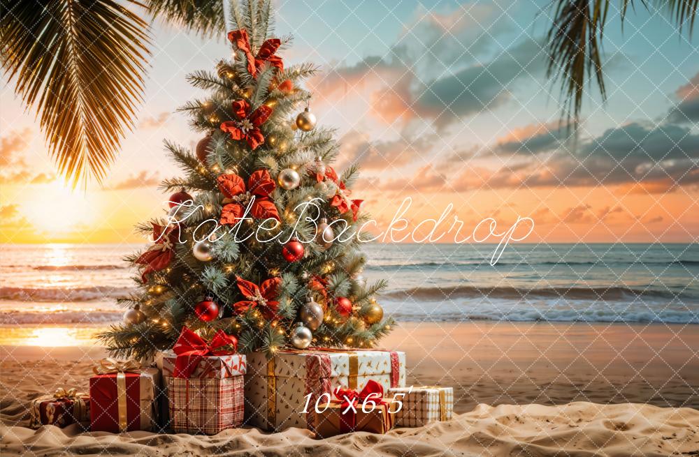 Kate Christmas Tree Presents Beach Sunset Backdrop Designed by Emetselch