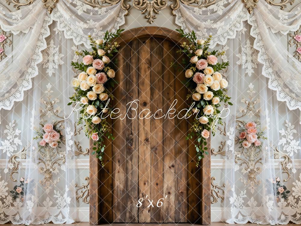 Kate Flower Arch Wooden Door Lace Drapes Backdrop Designed by Mini MakeBelieve
